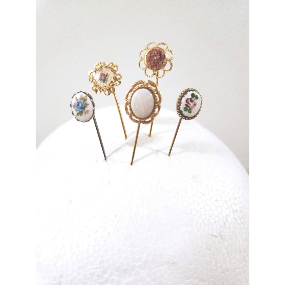 Vintage Gold Tone Hat Pins: Faux Pearl & Red Stone - Set of 4